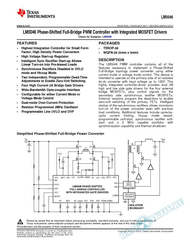 LM5046 Phase-Shifted Full-Bridge PWM Controller with Integrated MOSFET Drivers (Rev. G)