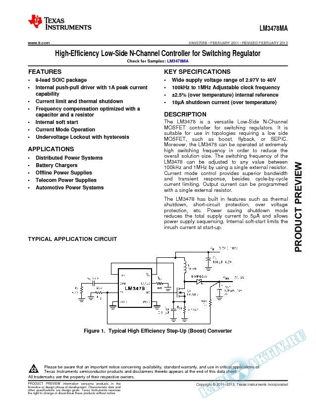LM3478MA  High Efficiency Low-Side N-Channel Controller for Switching Regulator (Rev. B)