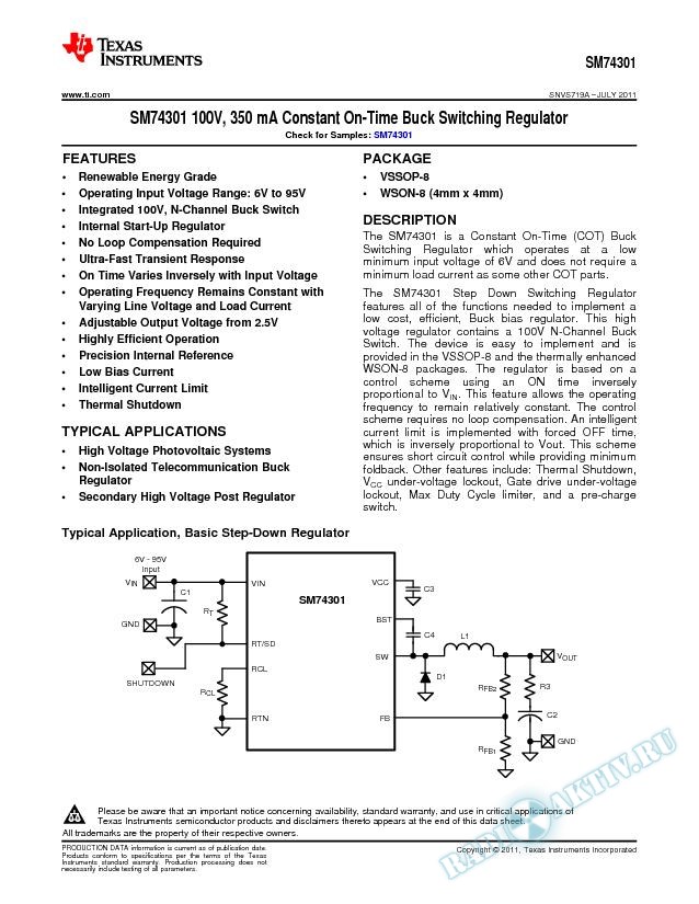 SM74301 100V, 350 mA Constant On-Time Buck Switching Regulator (Rev. A)