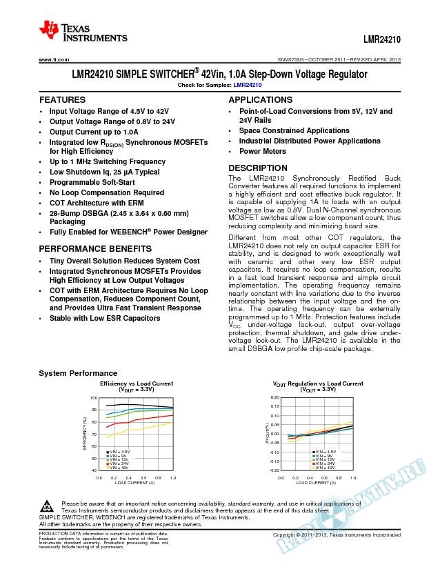 LMR24210 SIMPLE SWITCHER reg; 42Vin, 1.0A Step-Down Voltage Regulator (Rev. G)
