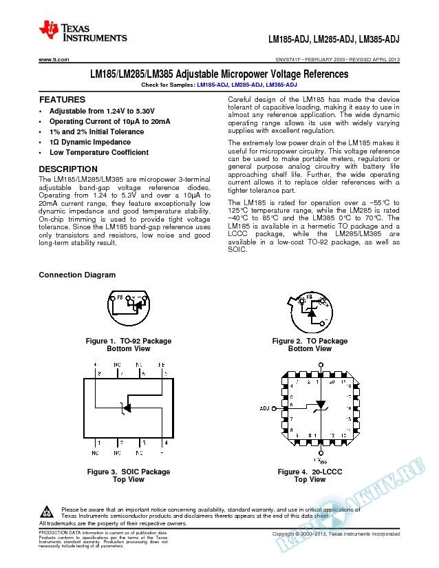 LM185/LM285/LM385 Adjustable Micropower Voltage References (Rev. F)
