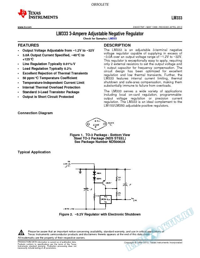 LM333 3-Ampere Adjustable Negative Regulator (Rev. F)