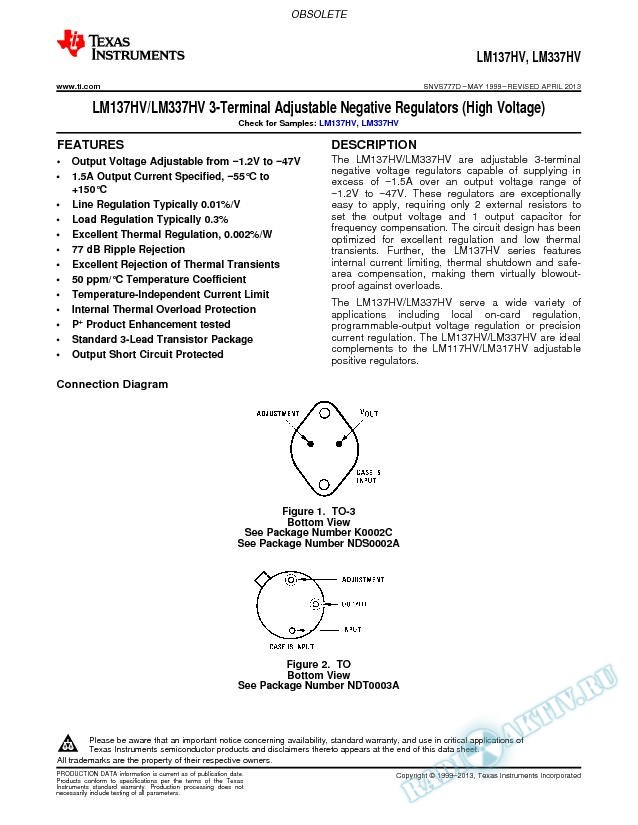 LM137HV/LM337HV 3-Terminal Adjustable Negative Regulators  (High Voltage) (Rev. D)