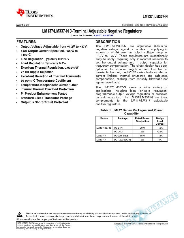 LM137/LM337 3-Terminal Adjustable Negative Regulators (Rev. D)
