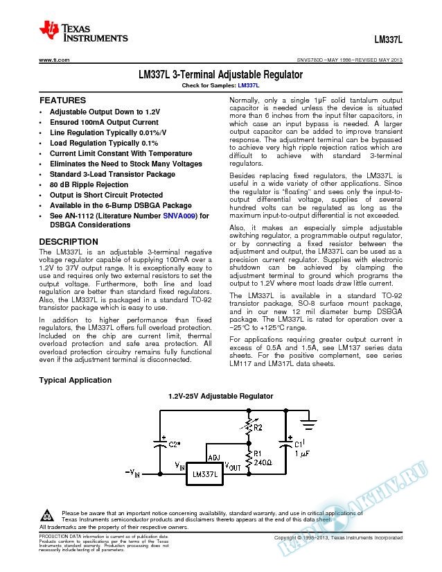 LM337L 3-Terminal Adjustable Regulator (Rev. D)