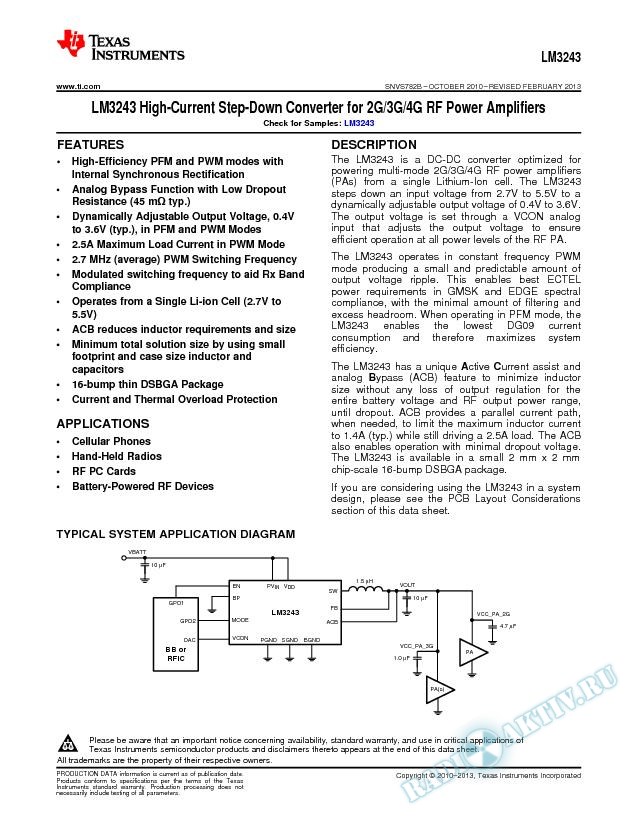 LM3243 High-Current Step-Down Converter for 2G/3G/4G RF Power (Rev. B)