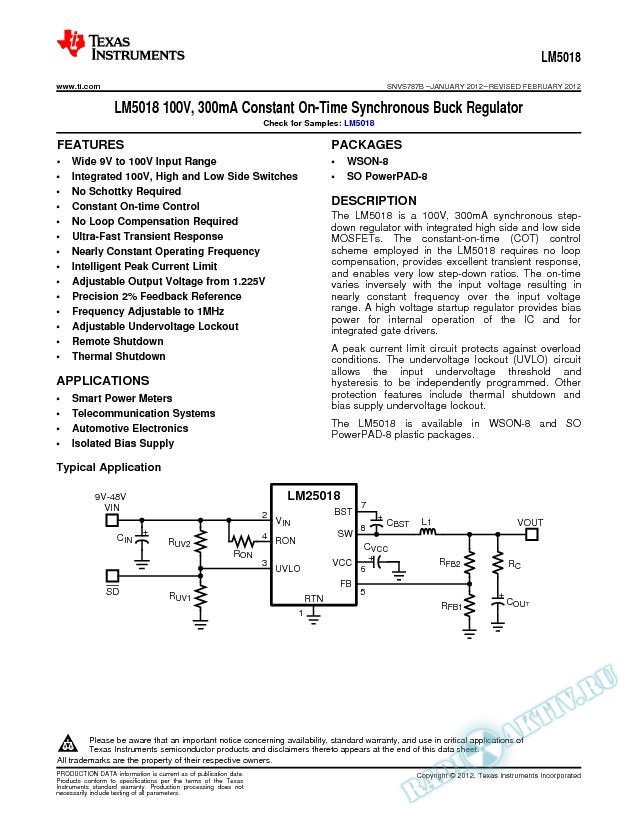 LM5018 100V, 300mA Constant On-Time Synchronous Buck Regulator (Rev. B)