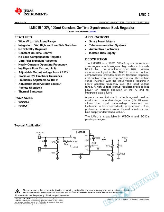 LM5019 100V, 100mA Constant On-Time Synchronous Buck Regulator (Rev. B)