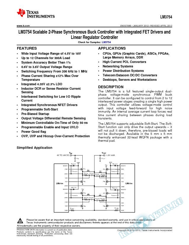 LM3754 Scalable 2-Phase Synchronous Buck Controller  w/ FET (Rev. B)