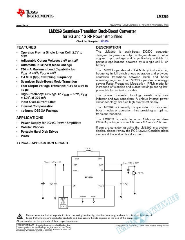 LM3269 Seamless-Transition Buck-Boost Cnvtr for 3/4G RF Pwr Amps (Rev. C)