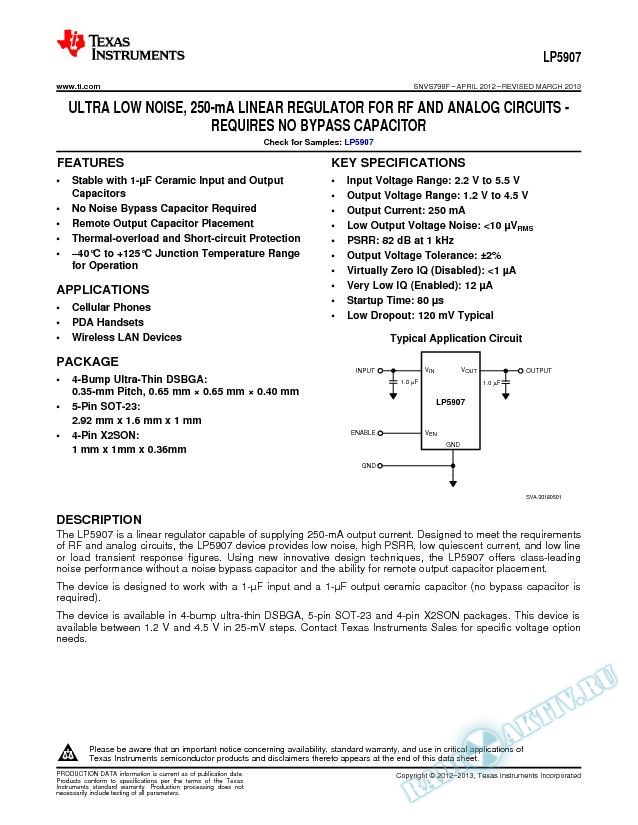LP5907 Ultra Low-Noise 250mA Linear Reg RF/Anlg Circuit (Rev. F)