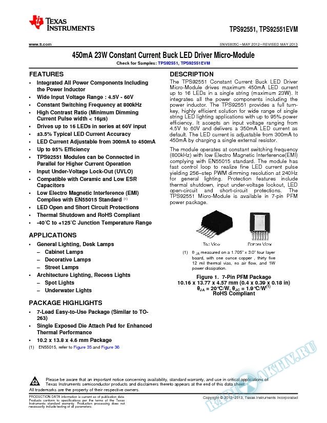 TPS92551 450mA 23W Const Current Buck LED Driver Micro-Module (Rev. C)