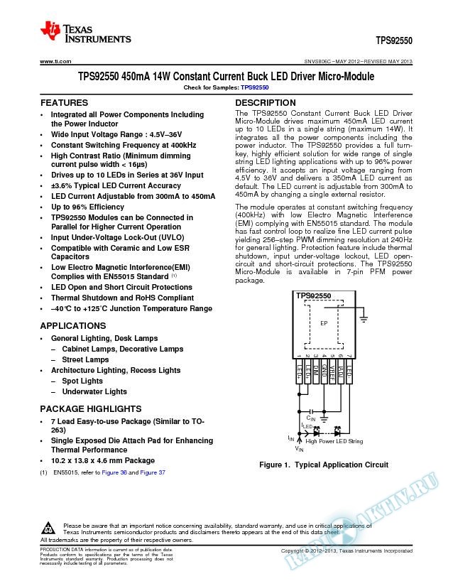 TPS92550 450mA 14W Const Current Buck LED Driver Micro-Module (Rev. C)