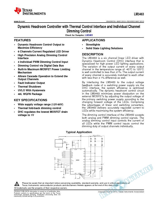 LM3463 Dynamic Headroom Contrler w/ Thermal Cntrol Intrface/Indvl Chnl Dimg Cntr (Rev. A)