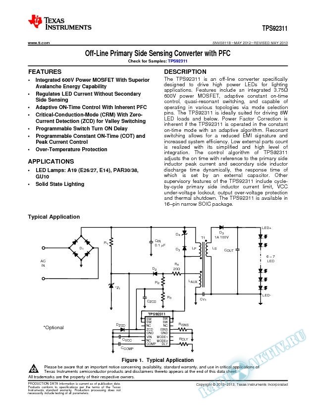 TPS92311 Off-Line Primary Side Sensing Converter with PFC (Rev. B)