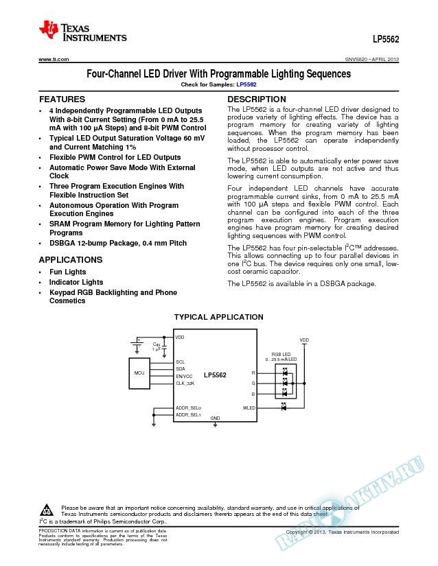 LP5562 Four-Channel LED Driver with Programmable Lighting Sequences