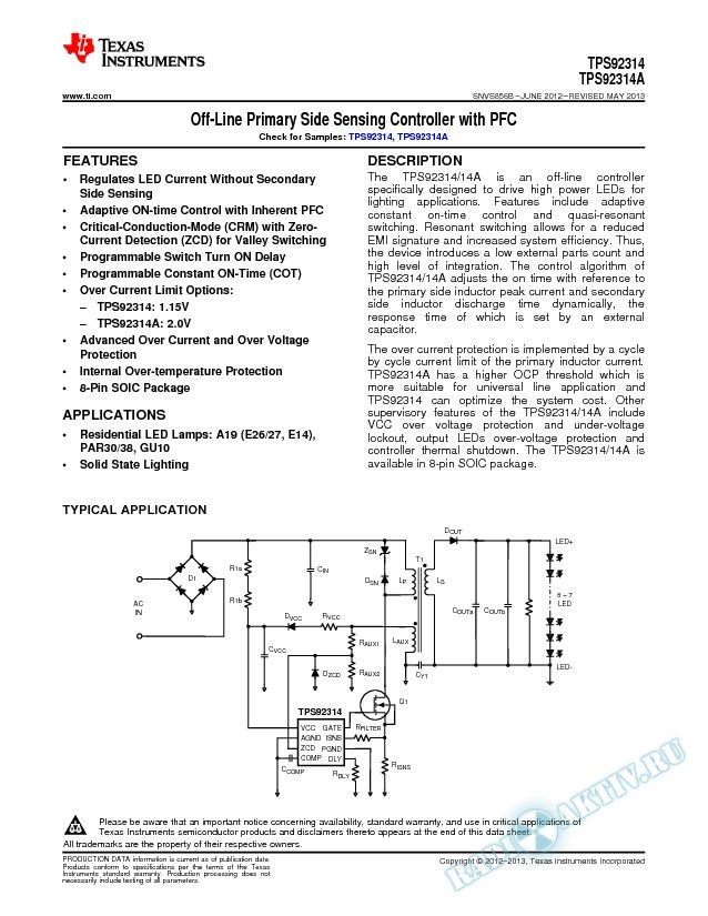 TPS92314 Off-Line Primary Side Sensing Converter with PFC (Rev. B)