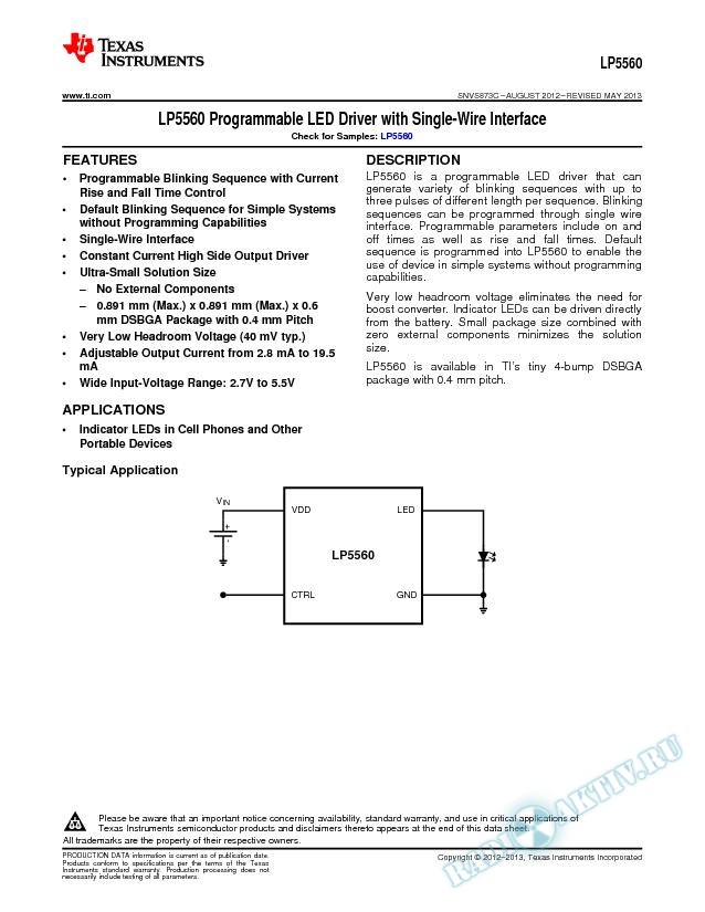 LP5560 Programmable LED Driver with Single-Wire Interface (Rev. C)