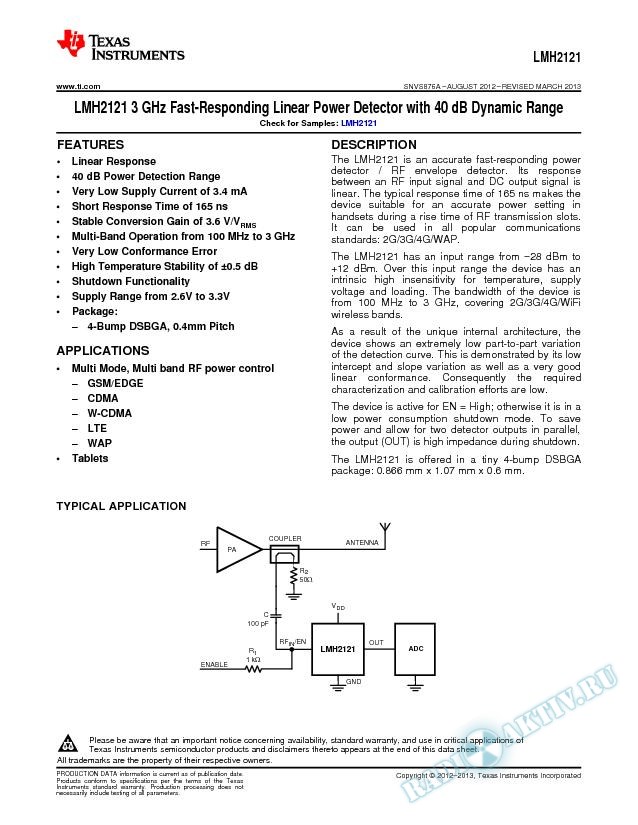 LMH2121 3GHz Fast-Responding Linear Pwr Detctr w 40dB Dynamic Range (Rev. A)