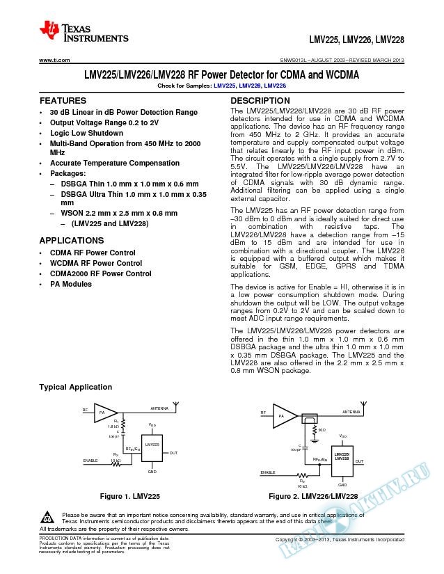 LMV225/LMV226/LMV228 RF Power Detector for CDMA and WCDMA (Rev. L)
