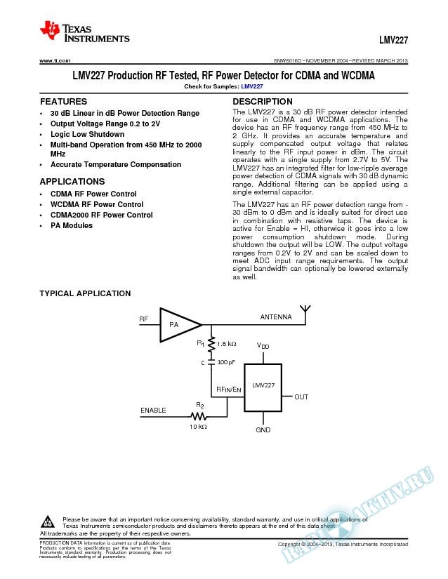 LMV227 Production RF Tested, RF Power Detector for CDMA and WCDMA (Rev. D)
