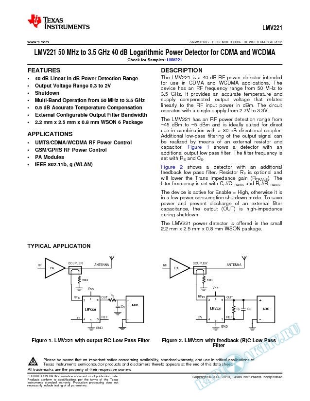 LMV221 50 MHz to 3.5 GHz 40 dB Logarithmic Power Detector for CDMA and WCDMA (Rev. C)
