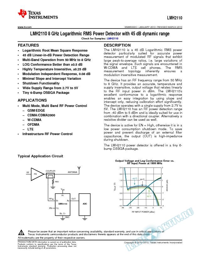 LMH2110 8 GHz Logarithmic RMS Power Detector with 45 dB dynamic range (Rev. C)