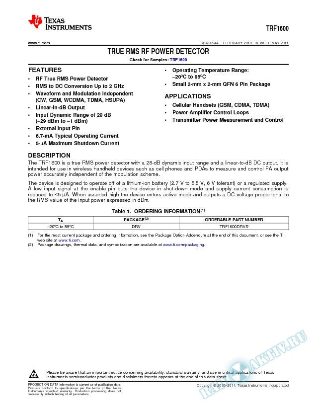 True RMS RF Power Detector. (Rev. A)