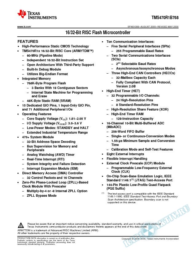 TMS470R1B768 16/32-Bit RISC Flash Microcontroller (Rev. B)