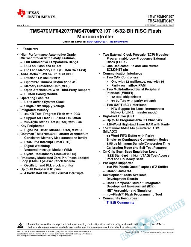 TMS470MF04207/TMS470MF03107 16/32-Bit RISC Flash Microcontroller (Rev. C)