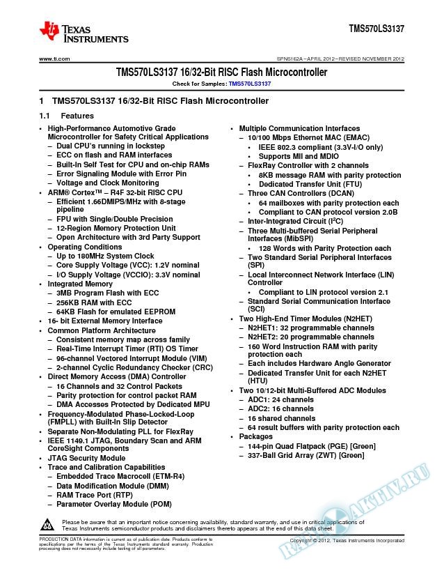 TMS570LS3137 16/32-Bit RISC Flash Microcontroller (Rev. A)