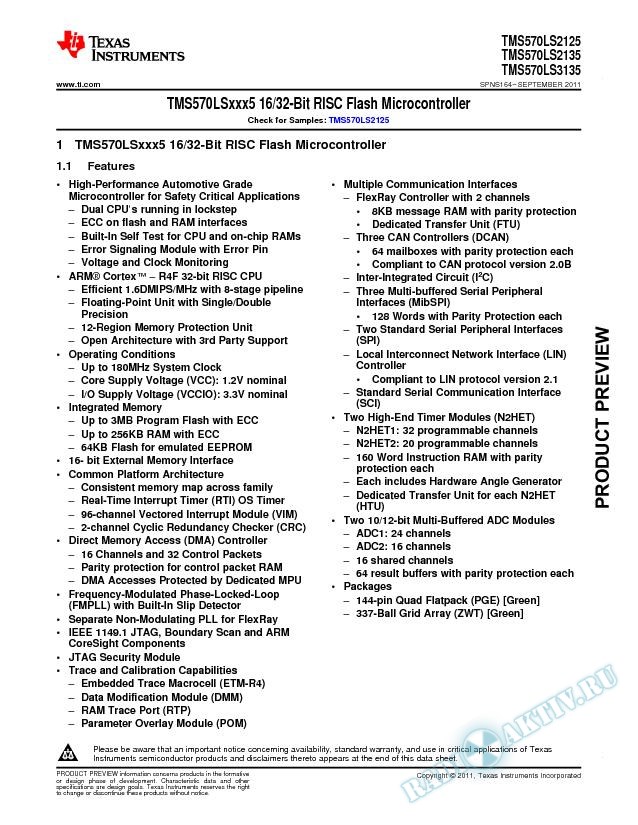 TMS570LS31x5/21x5 16/32-Bit RISC Flash Microcontroller