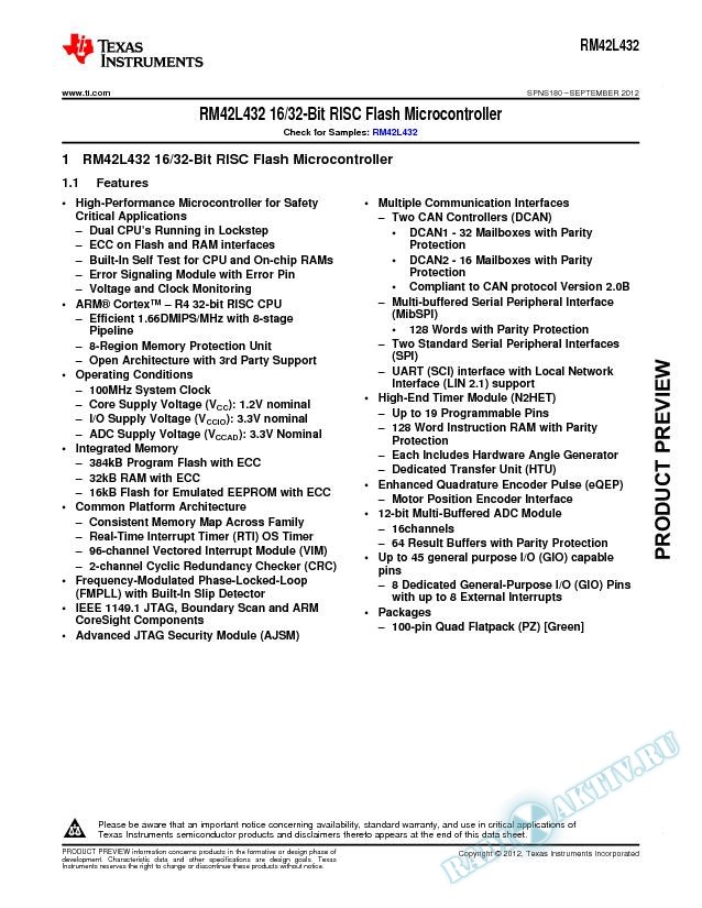 RM42L432 16/32-BIT RISC Flash Microcontroller