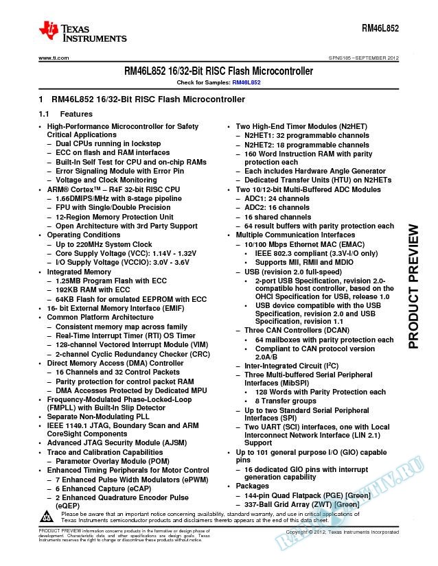 RM46L852 16/32-BIT RISC Flash Microcontroller