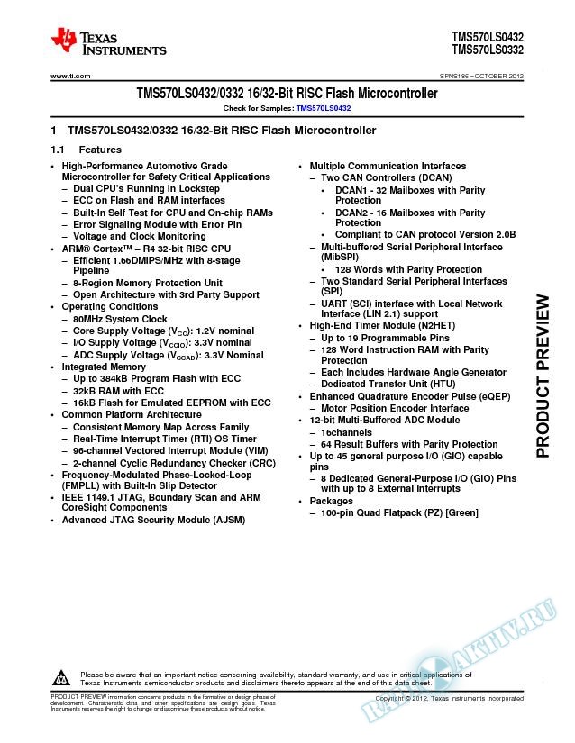 TMS570LS04x/03x 16/32-BIT RISC Flash Microcontroller