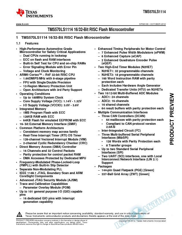 TMS570LS11x4 16/32-BIT RISC Flash Microcontroller
