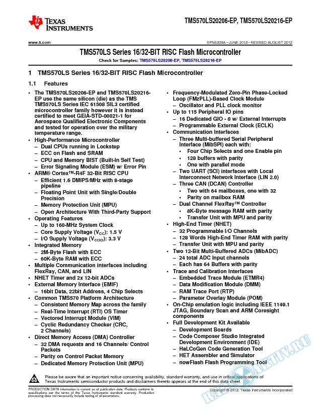 TMS570LS20206-EP, TMS570LS20216-EP 16/32-Bit RISC Flash Microcontroller (Rev. A)