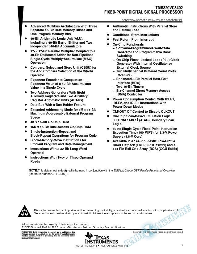 TMS320VC5402 Fixed-Point Digital Signal Processor (Rev. G)