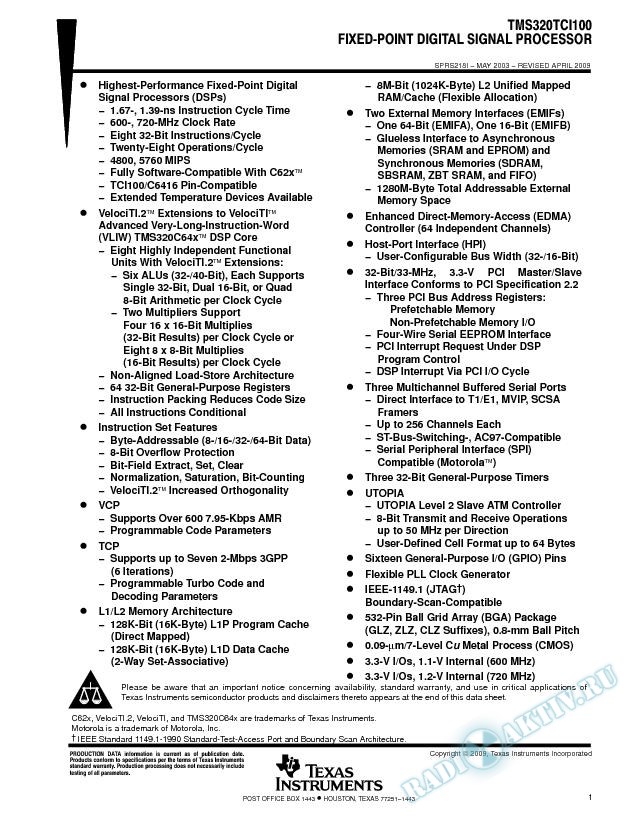 TMS320TCI100 Fixed-Point Digital Signal Processor (Rev. I)