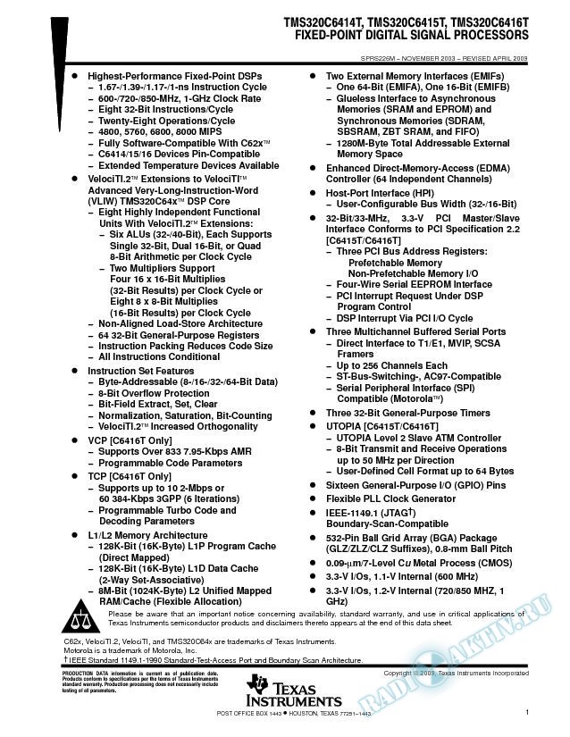 TMS320C6414T, TMS320C6415T, TMS320C6416T Fixed-Point Digital Signal Processors (Rev. M)