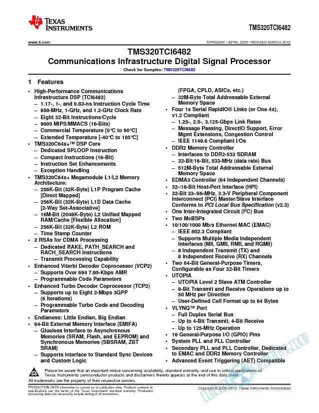 TMS320TCI6482 Communications Infrastructure Digital Signal Processor (Rev. K)