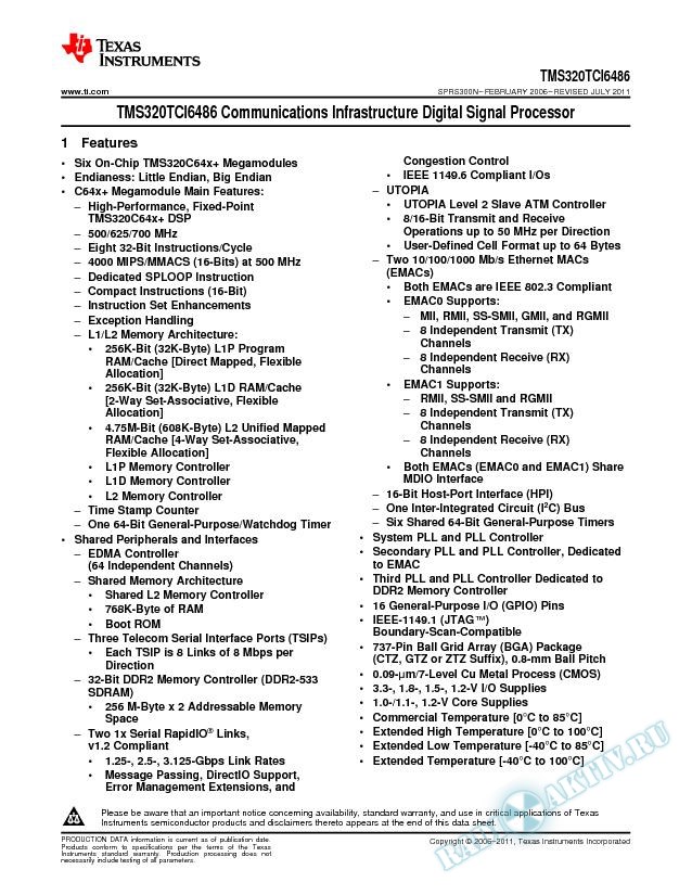 TMS320TCI6486 Communications Infrastructure Digital Signal Processor (Rev. N)