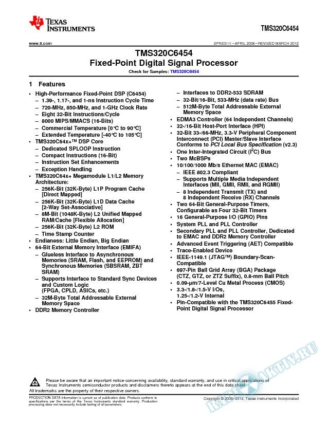 TMS320C6454 Fixed-Point Digital Signal Processor (Rev. I)