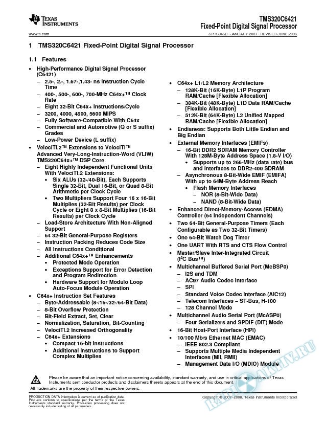 TMS320C6421 Fixed-Point Digital Signal Processor (Rev. D)