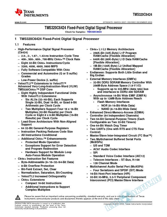 TMS320C6424  Fixed-Point Digital Signal Processor (Rev. D)