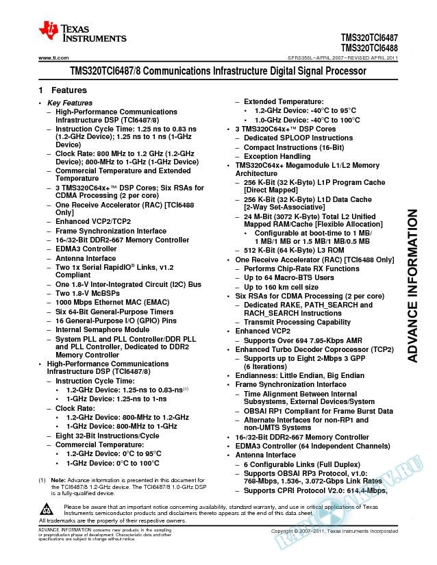 TMS320TCI6487/8 Communications Infrastructure Digital Signal Processor (Rev. L)