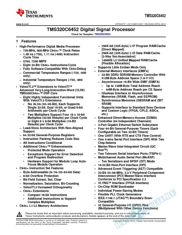 TMS320C6452 Digital Signal Processors (Rev. F)