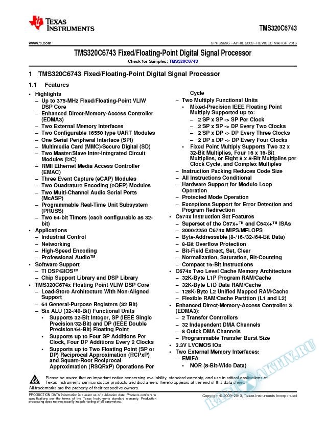 TMS320C6743 Fixed/Floating-Point Digital Signal Processor (Rev. C)
