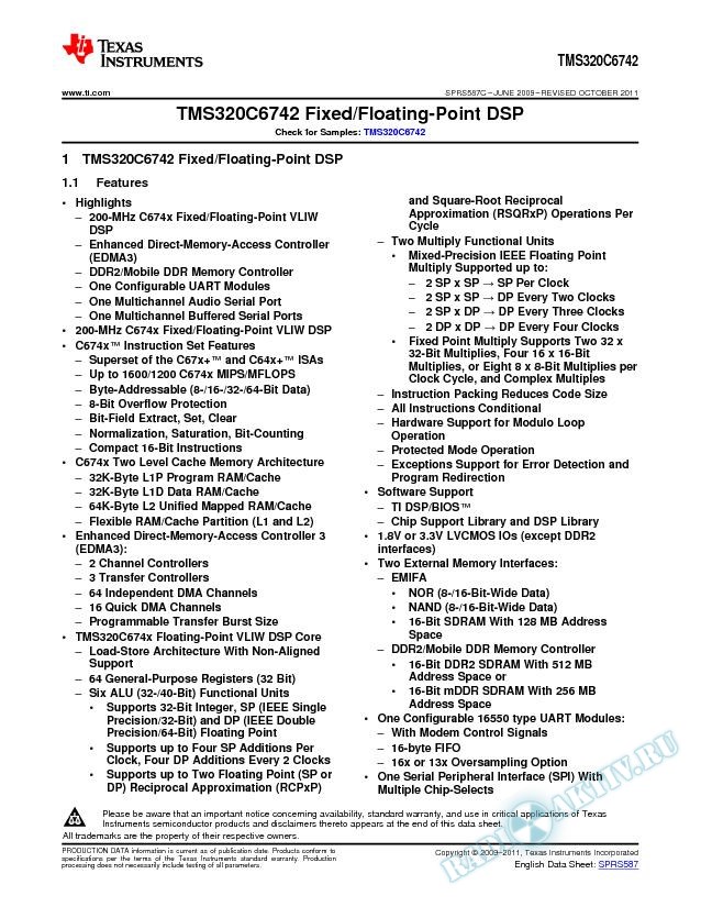 TMS320C6742 Fixed/Floating Point Digital Signal Processor (Rev. C)