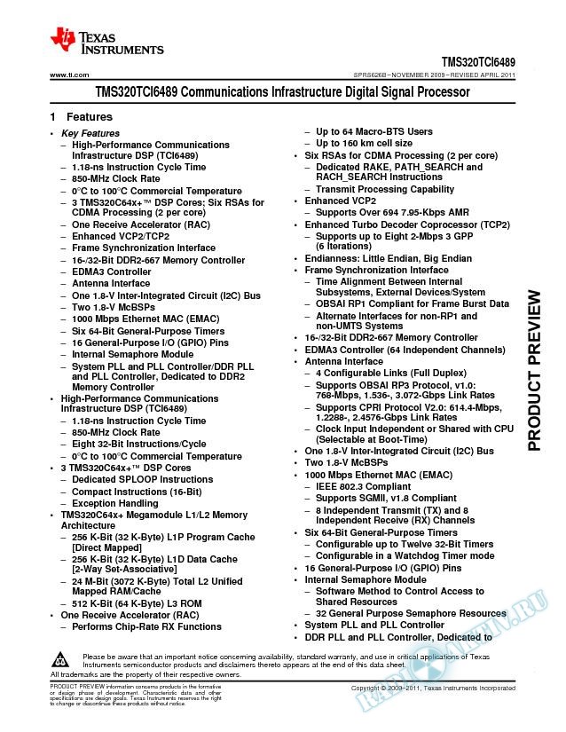 TMS320TCI6489 Communications Infrastructure Digital Signal Processor (Rev. B)